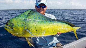 A person holding a large fish on a boat.