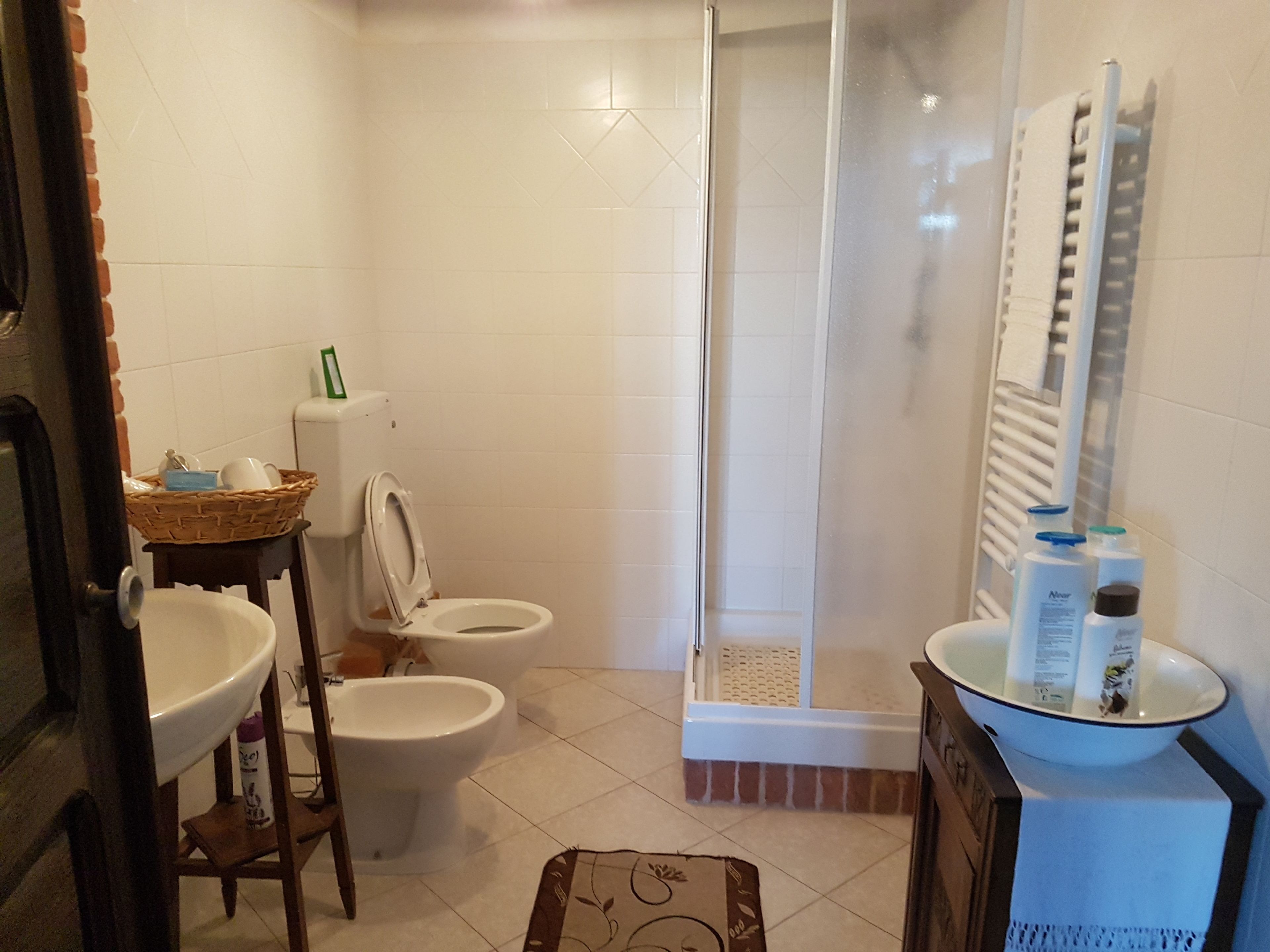 Un bagno con WC, bidet e zona doccia. È presente un lavandino, uno specchio e articoli da toilette sul mobile.