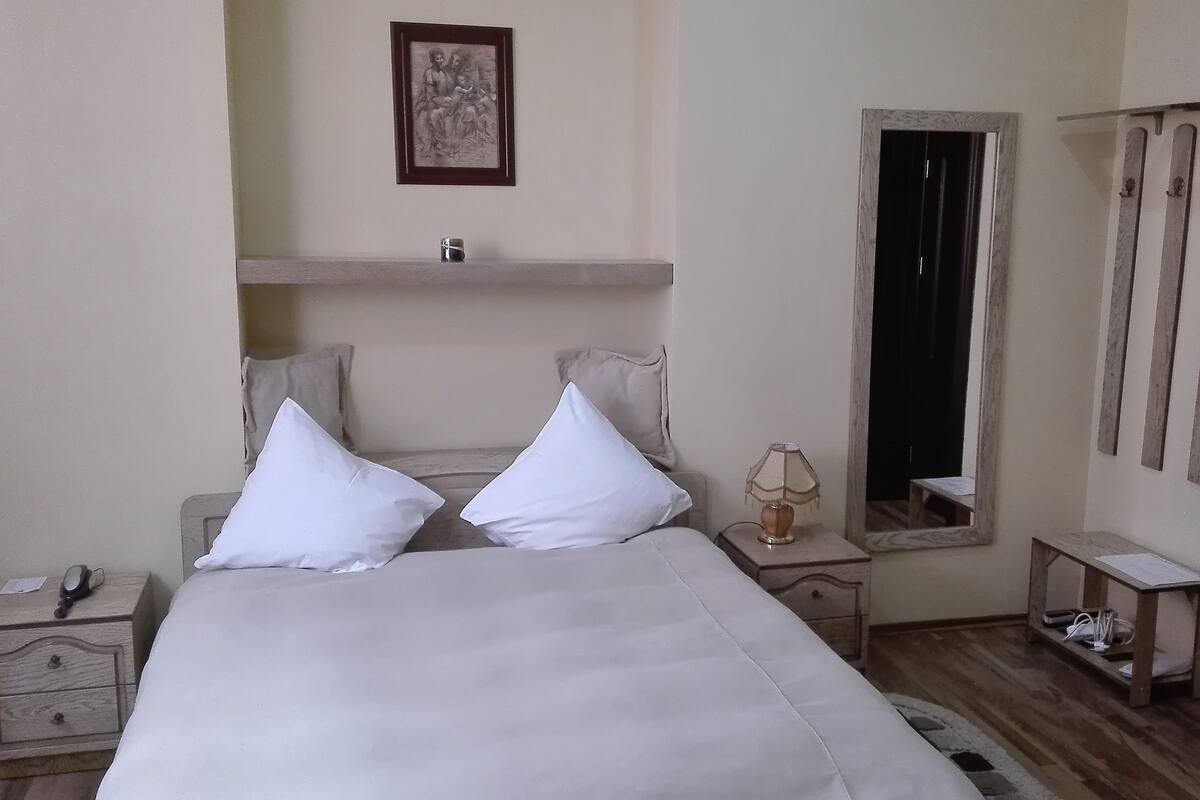 A bedroom with a bed, two pillows, a bedside table with a lamp, a nightstand, a framed picture on the wall, a mirror, and a wooden door.