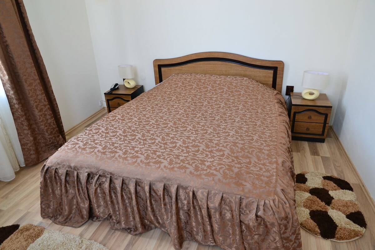 A bedroom with a bed, nightstands, a lamp, and a patterned rug.