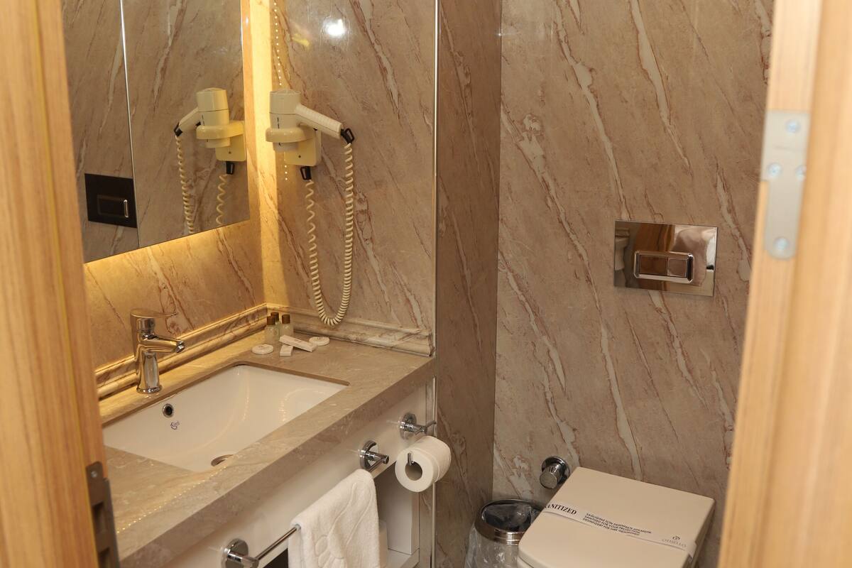 suite | bathroom | shower, hair dryer, slippers