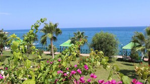 Un jardín costero con sombrillas verdes y vistas al mar.