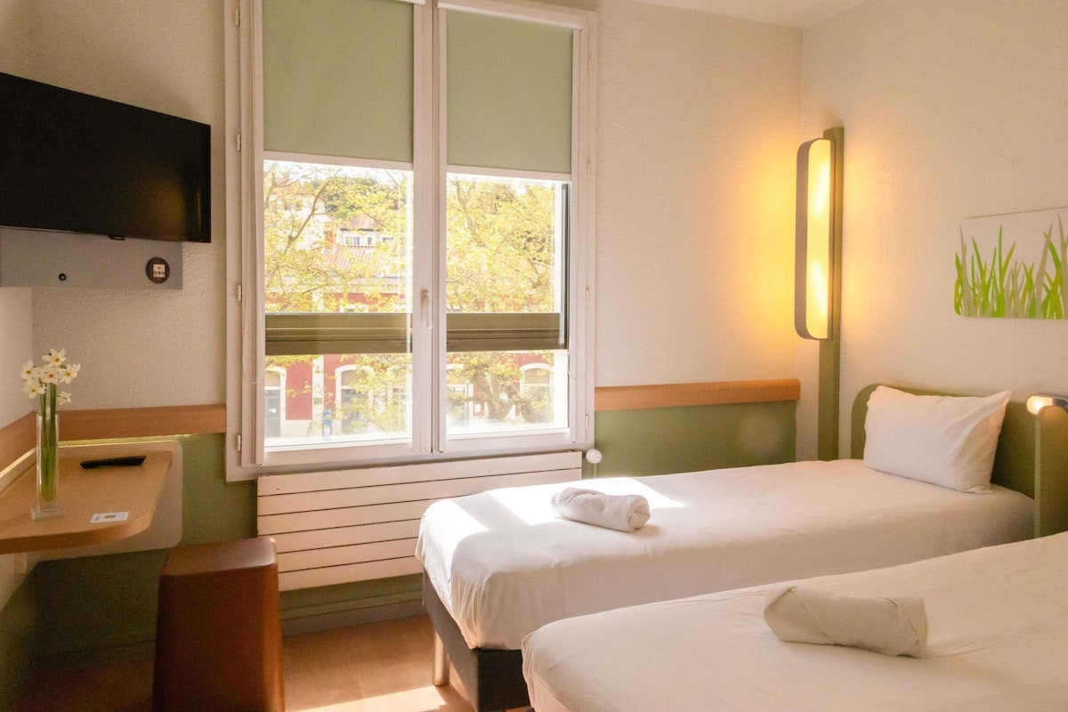 Une chambre d’hôtel avec deux lits, une fenêtre, une télévision, un lavabo et un vase avec des fleurs.