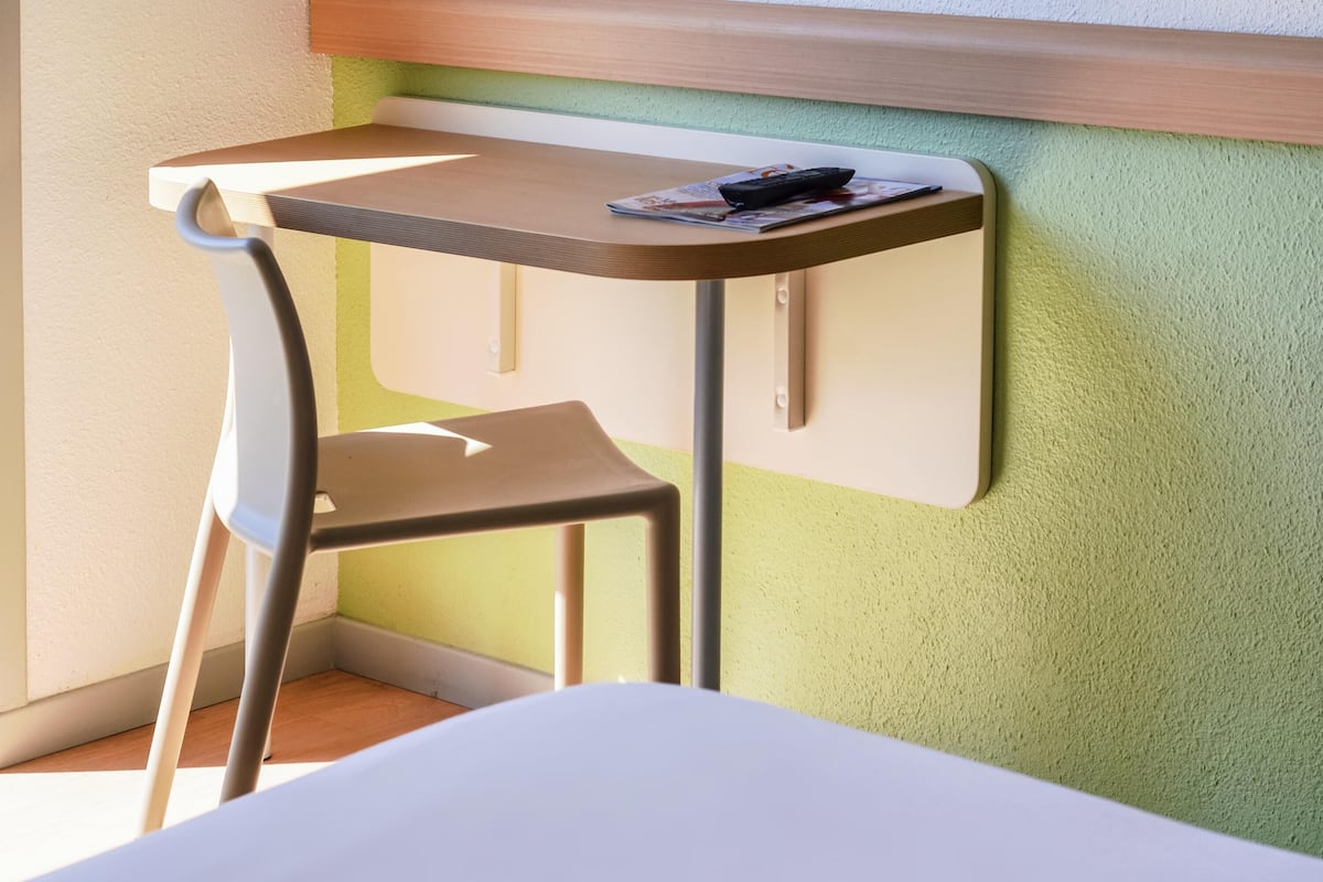 Desk, blackout curtains, soundproofing, iron/ironing board