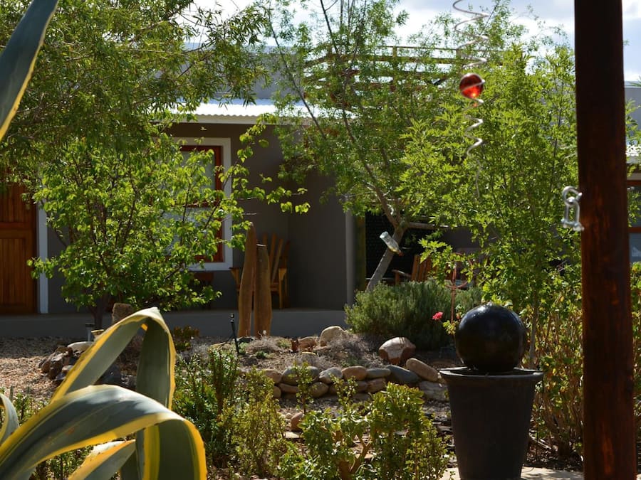 A garden with a variety of plants and a decorative fountain.