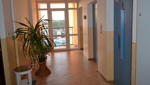 A hallway with a potted plant, a small table, and a blue door. - Apartment Alejní (Teplice)