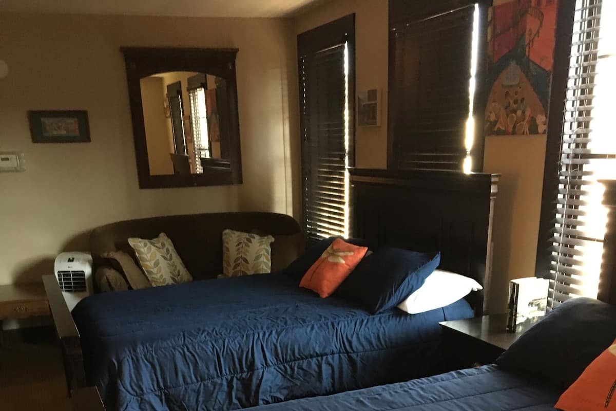 Basic Room, 2 Queen Beds | Premium bedding, soundproofing, iron/ironing board, WiFi (free)