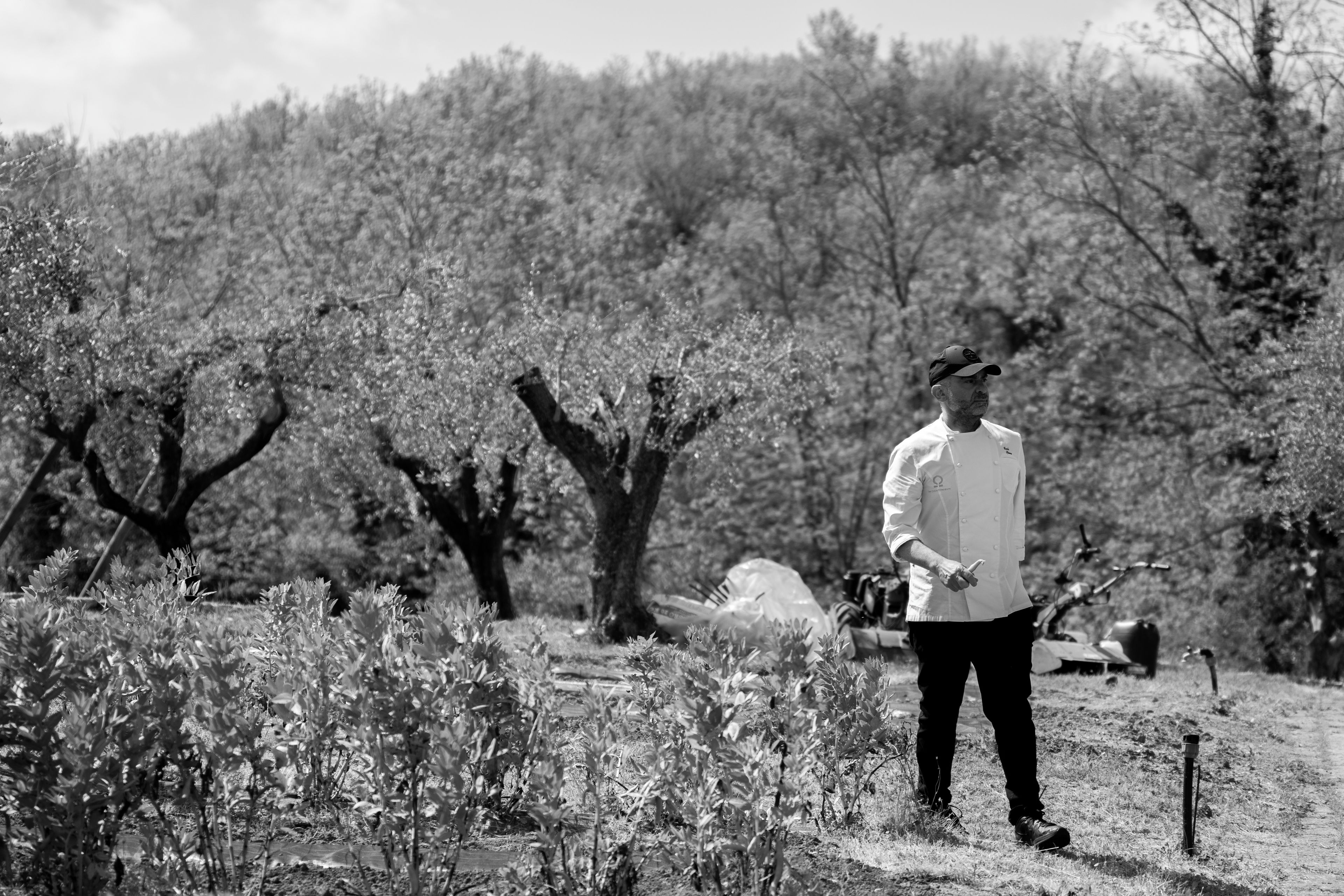 Une personne se tient dans un champ, entourée d’arbres et de plantes, et porte une casquette et une chemise blanche.
