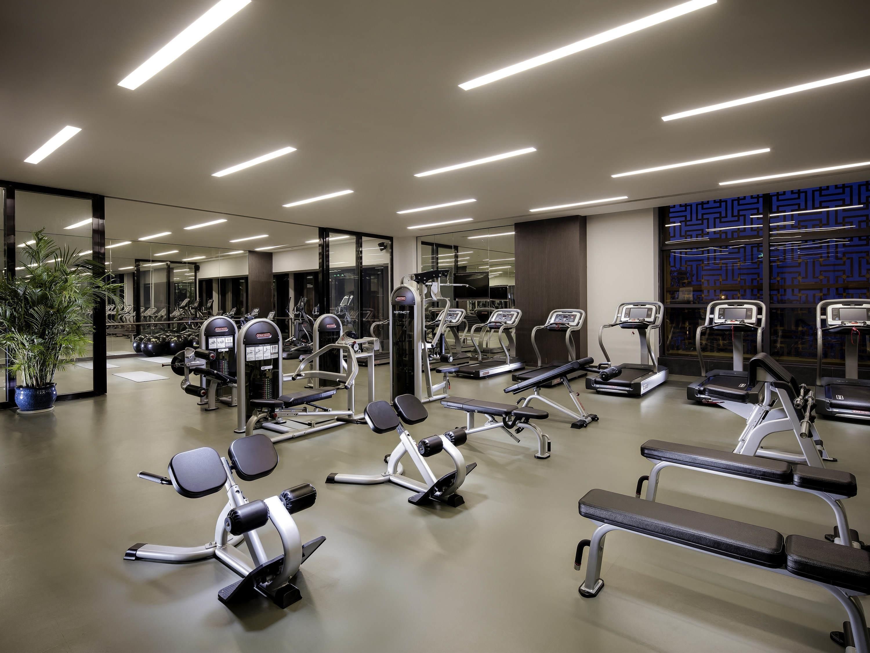 A modern gym with various exercise equipment, large mirrors, and a potted plant.