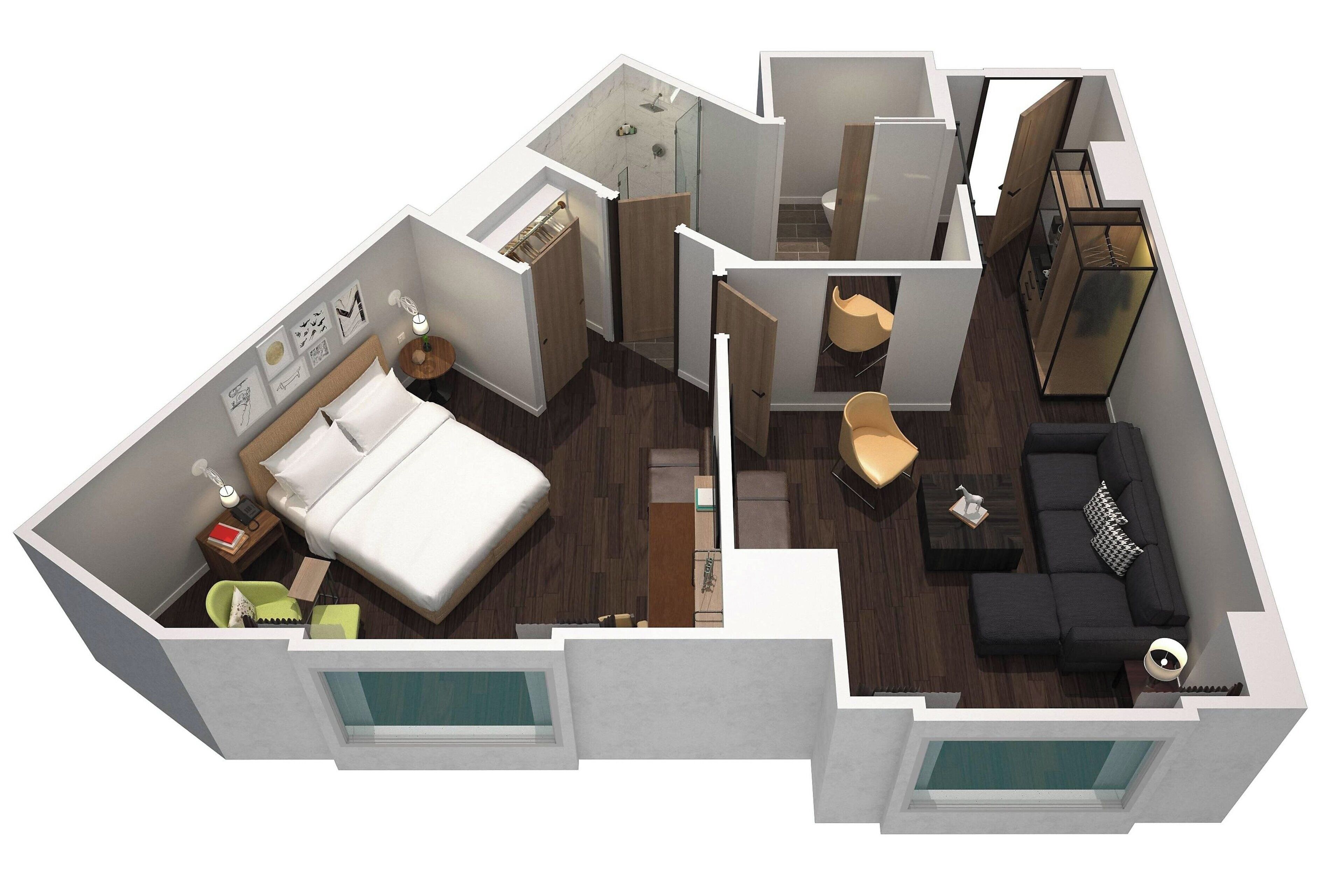 Un plan 3D d’une chambre d’hôtel comprenant un lit, un canapé, une petite table, une chaise, une salle de bain et un balcon.