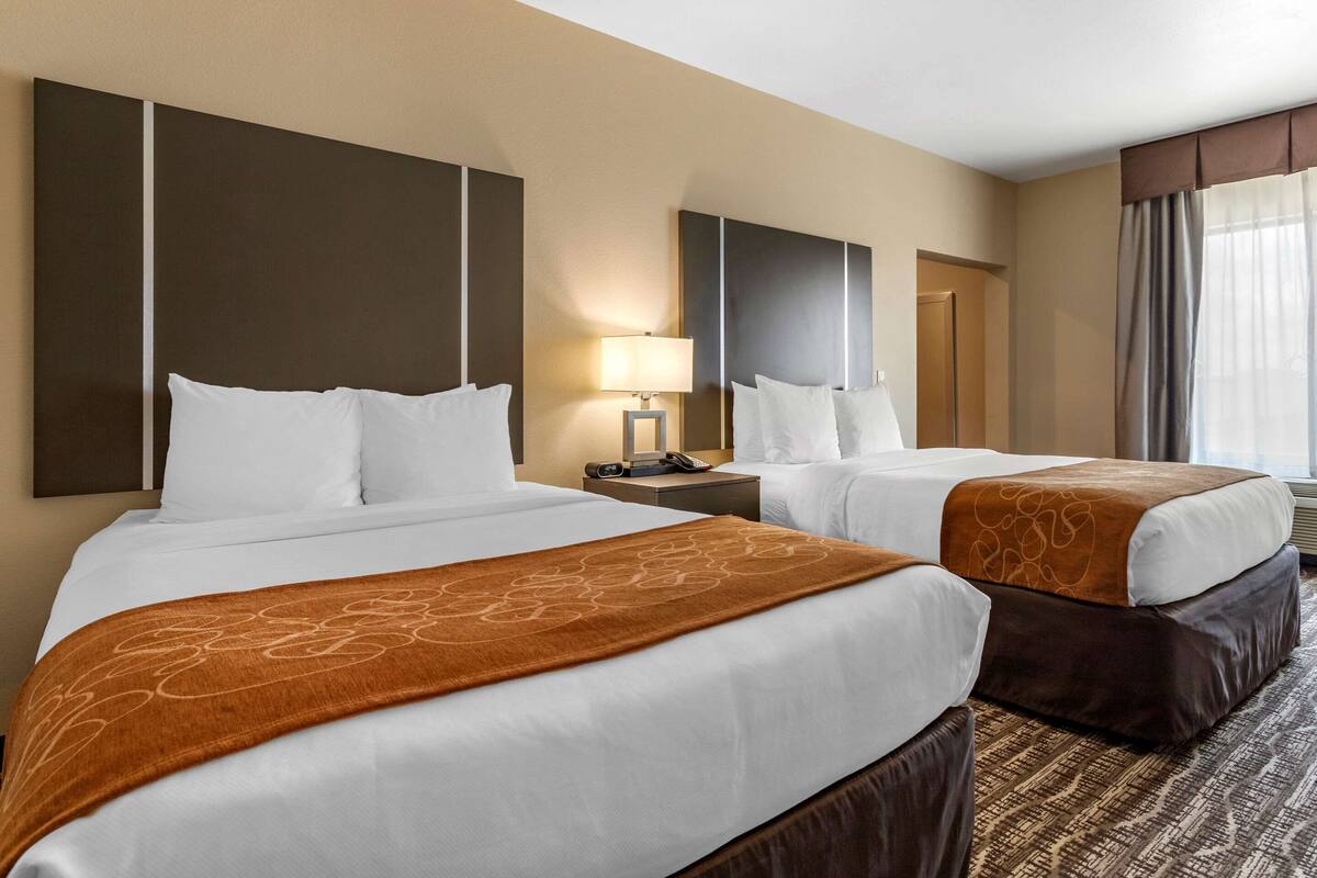 Une chambre d’hôtel avec deux lits, une table de chevet avec une lampe et un grand miroir au mur.