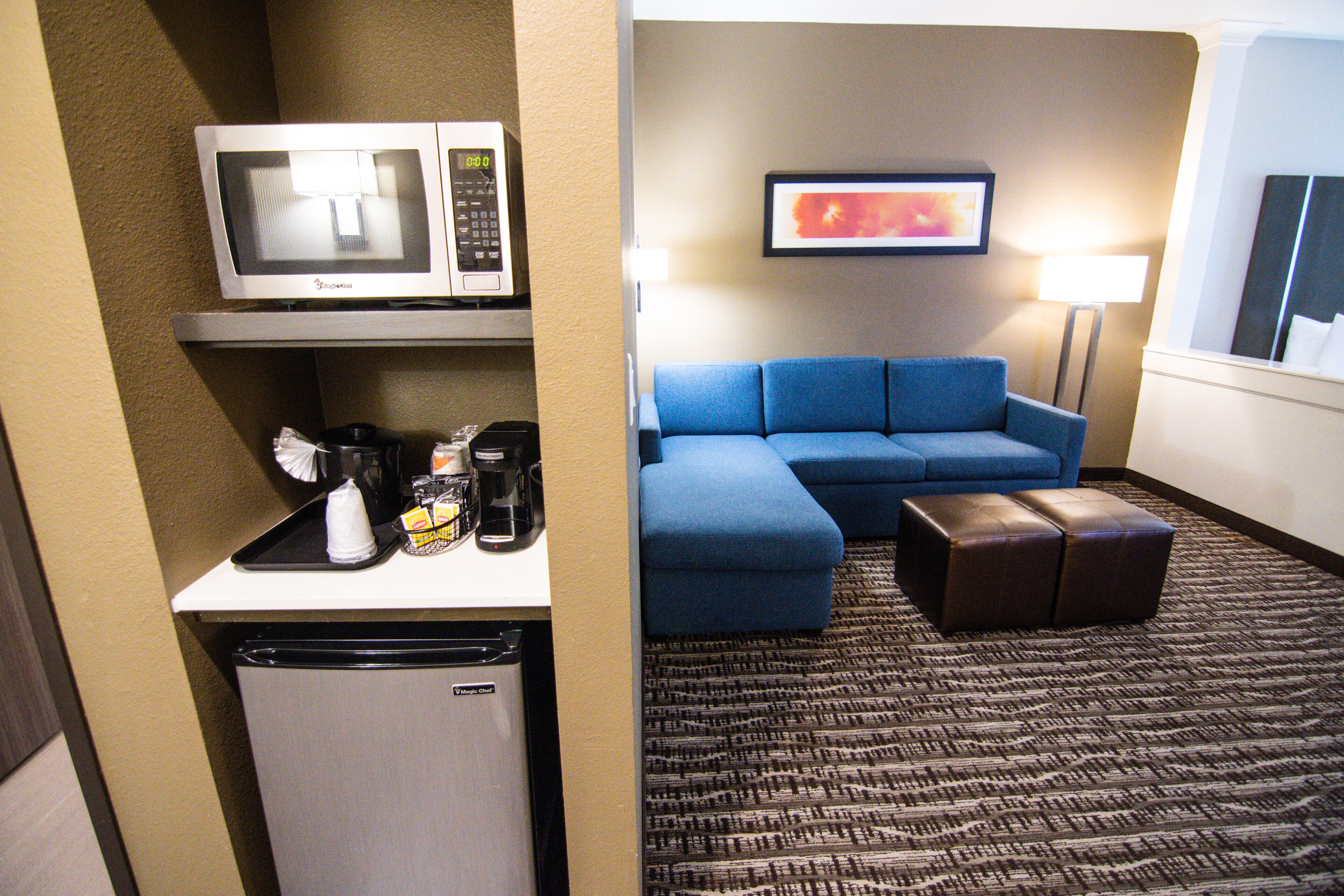 pillow-top beds, desk, laptop workspace, soundproofing