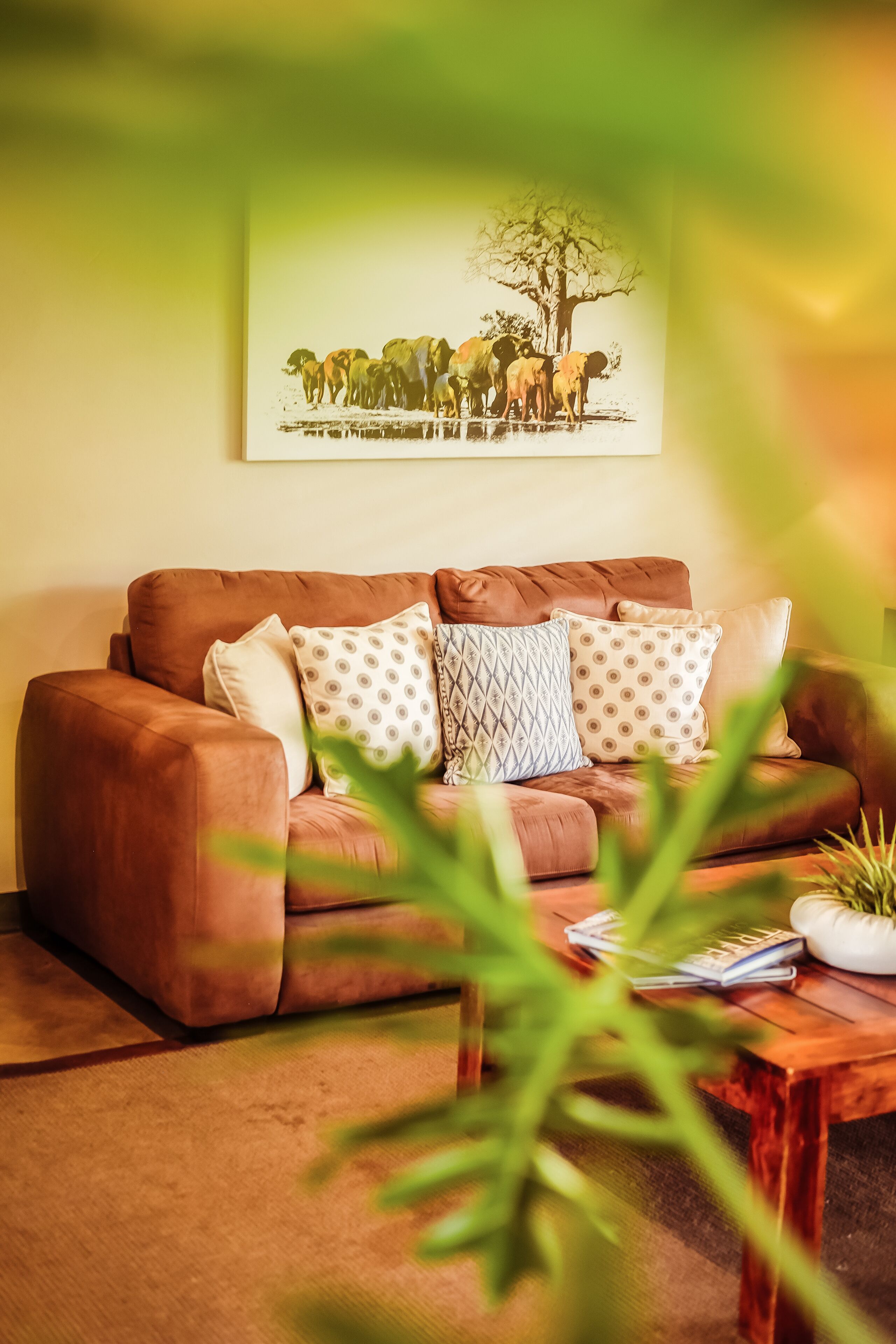 Un canapé en cuir marron agrémenté de coussins à motifs, un tableau encadré représentant des animaux sauvages accroché au mur, et une table basse en bois sur laquelle sont posés une plante et des magazines.