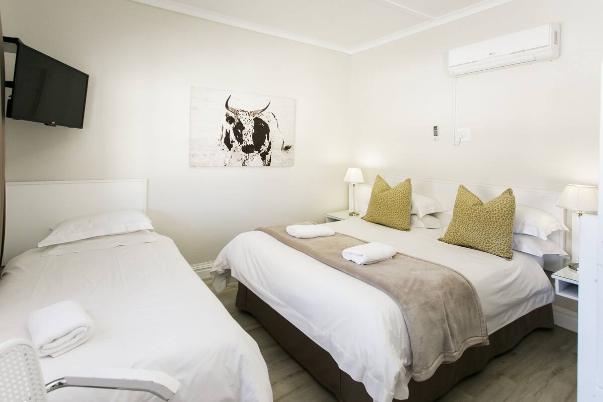 A hotel room with two single beds, a TV, a bull artwork, and an air conditioner.