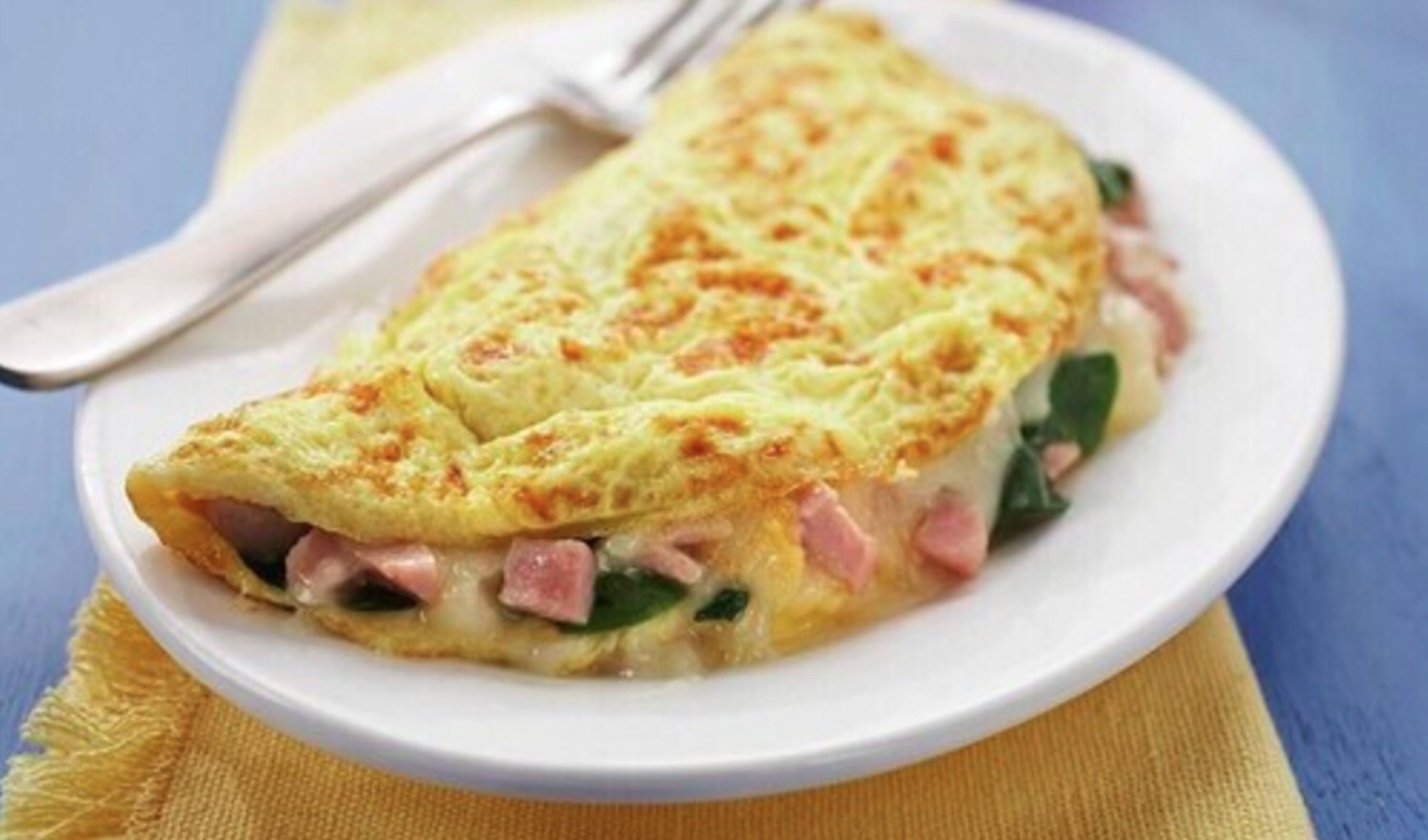 Una tortilla de huevo doblada con jamón y queso sobre un plato blanco.