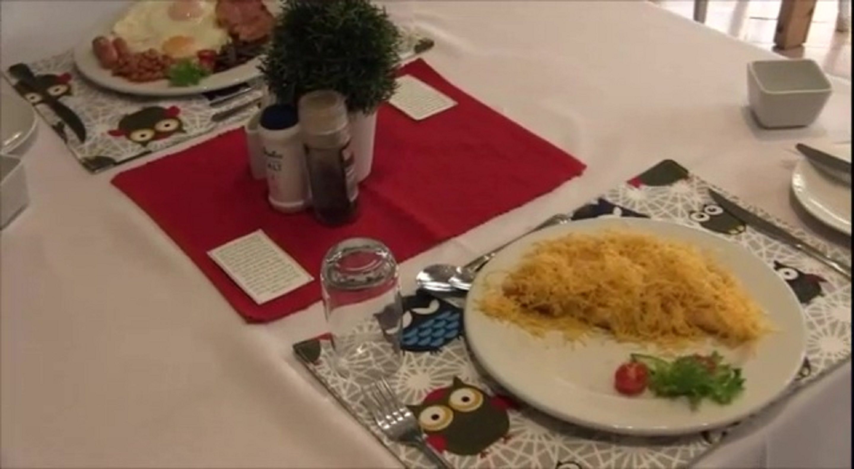 A table set with plates of food, a small plant, and a red placemat.
