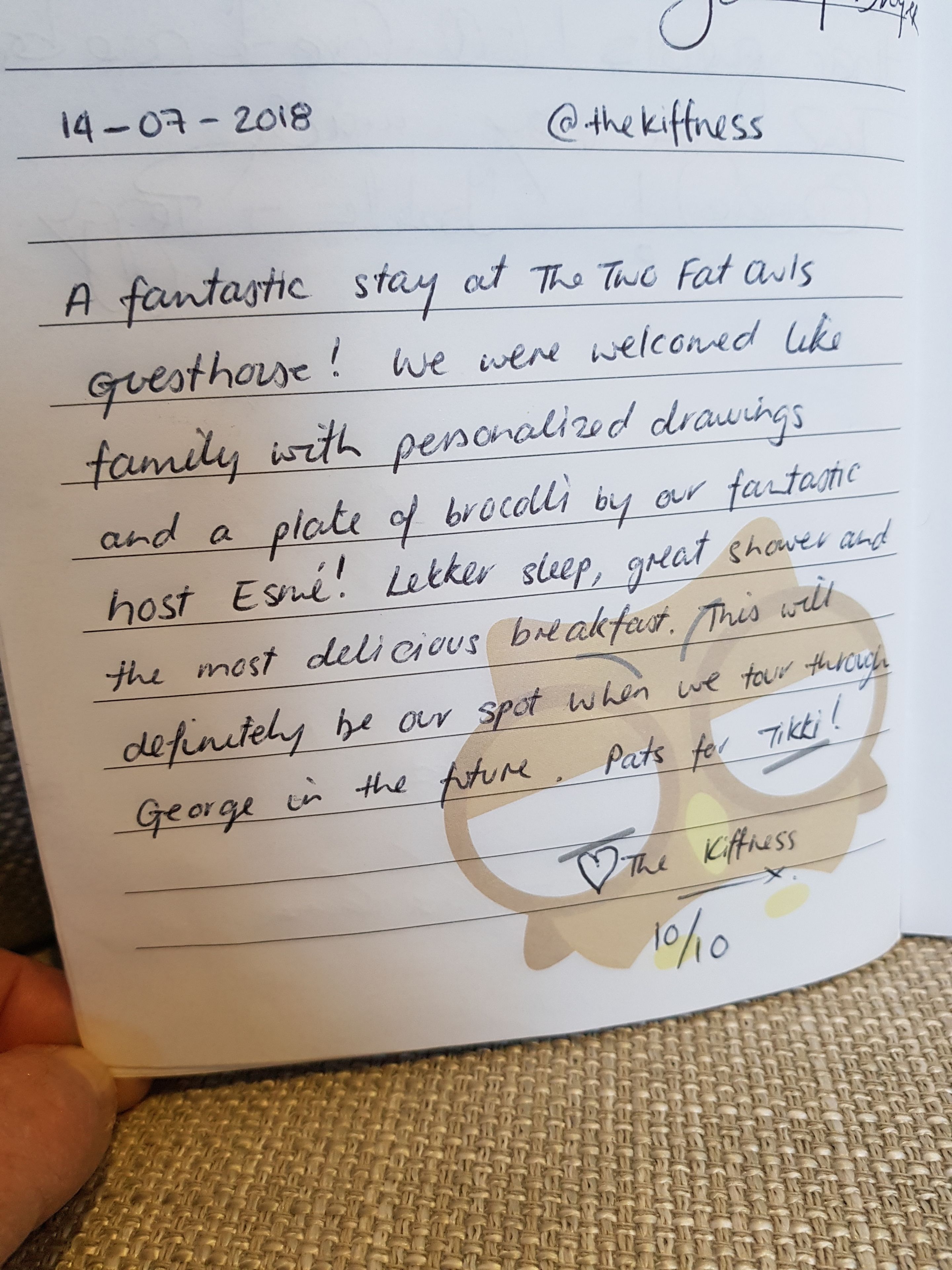 A handwritten review of a stay at The Two Fat Owls guesthouse, mentioning personalized drawings, a plate of broccoli, a great shower, and breakfast.