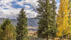 A parking lot with a mountain backdrop, surrounded by evergreen and deciduous trees. - Cool Ridge Town Home at Summerwood 3 Bedroom Holiday home by Key to the Rockies (Dillon)