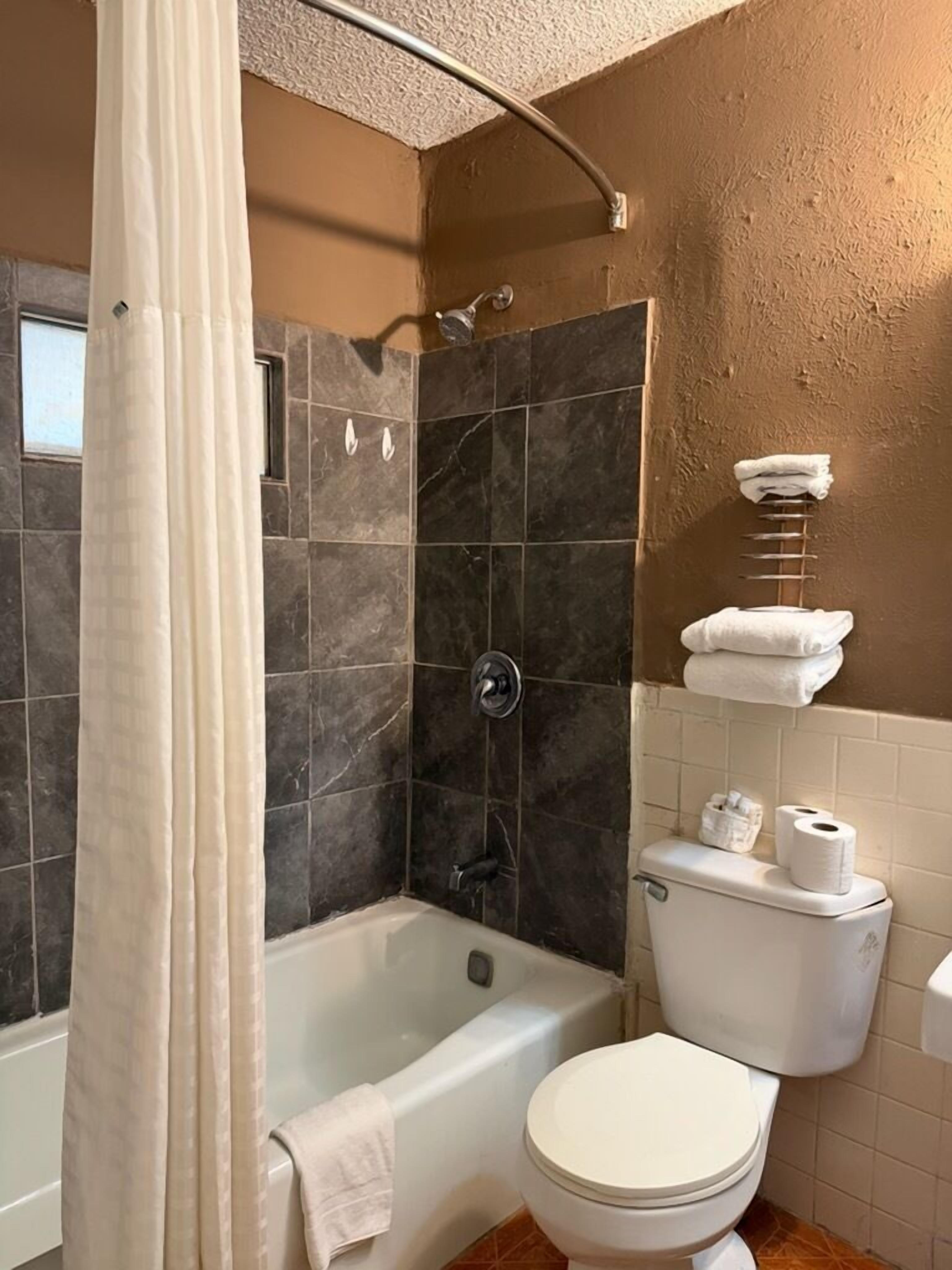 Kahden hengen huone | Kylpyhuone | Suihkun ja ammeen yhdistelmä, ilmaiset hygieniatuotteet, hiustenkuivaaja