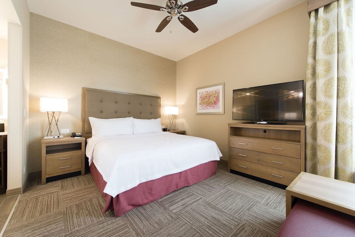 Una habitación de hotel con cama, televisor, ventilador de techo y escritorio con lámpara.