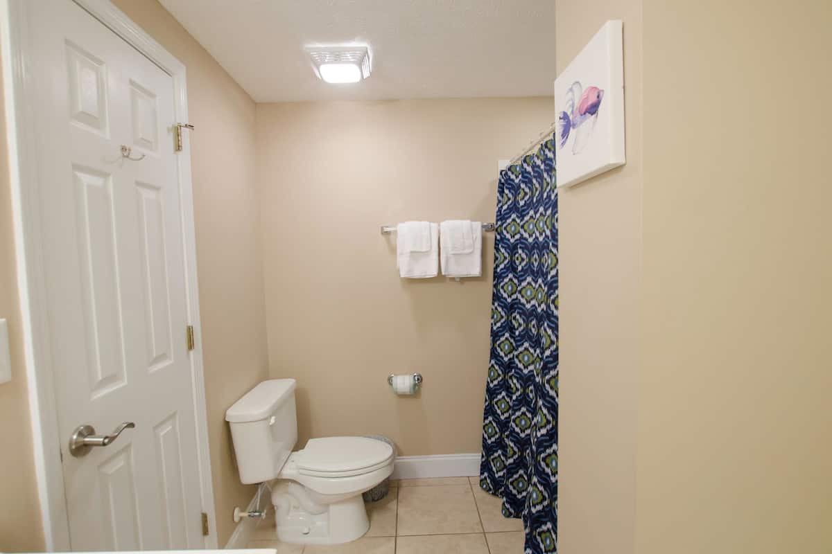A bathroom with a toilet, a towel rack with two towels, a patterned shower curtain, and a door.