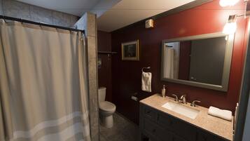 Une salle de bain équipée d’un rideau de douche, de toilettes, d’un lavabo et d’un miroir.