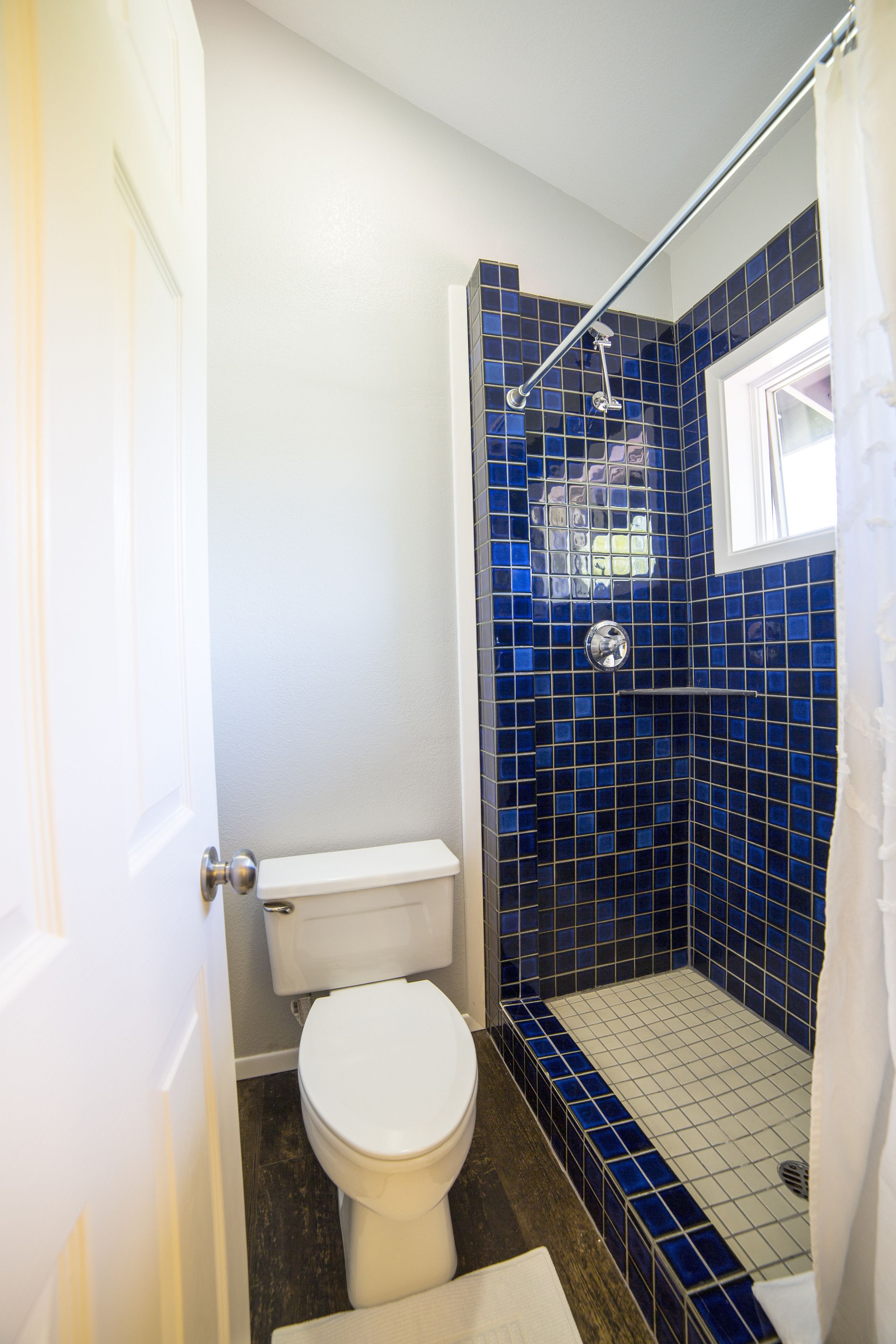 A bathroom with a white toilet, a blue-tiled shower stall, and a white door.