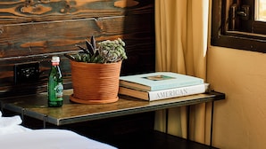 A bed with a striped blanket, a bedside table with a green bottle, a potted plant, and two books.