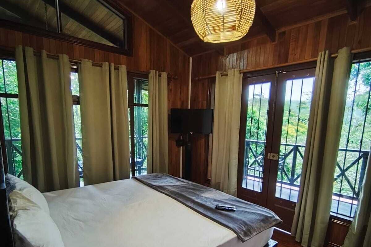 A wooden room with a large bed, a ceiling light, and windows with curtains.