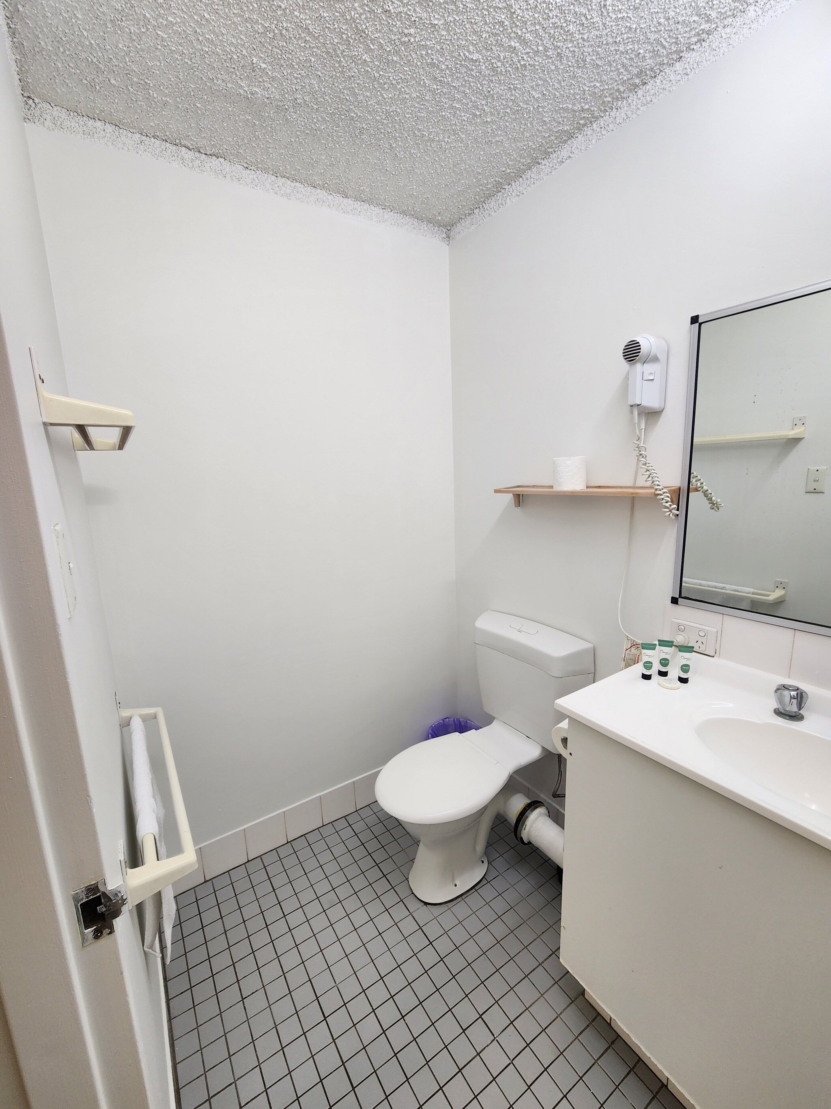 A small, clean bathroom with a toilet, sink, and a hairdryer on the wall.