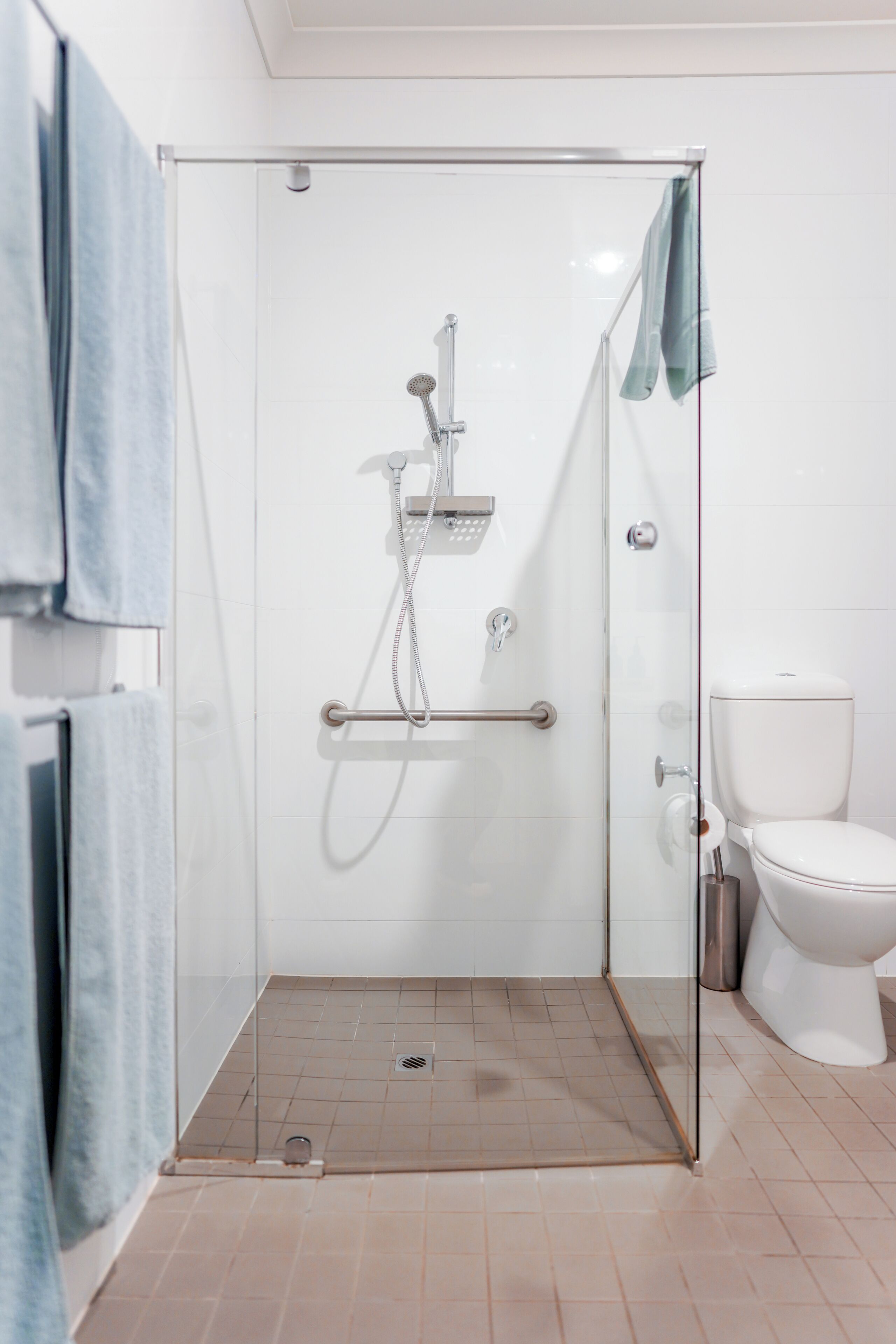 Ein Duschbereich mit Glaswand, einer Handbrause, einem Handtuchhalter und einer Toilette.