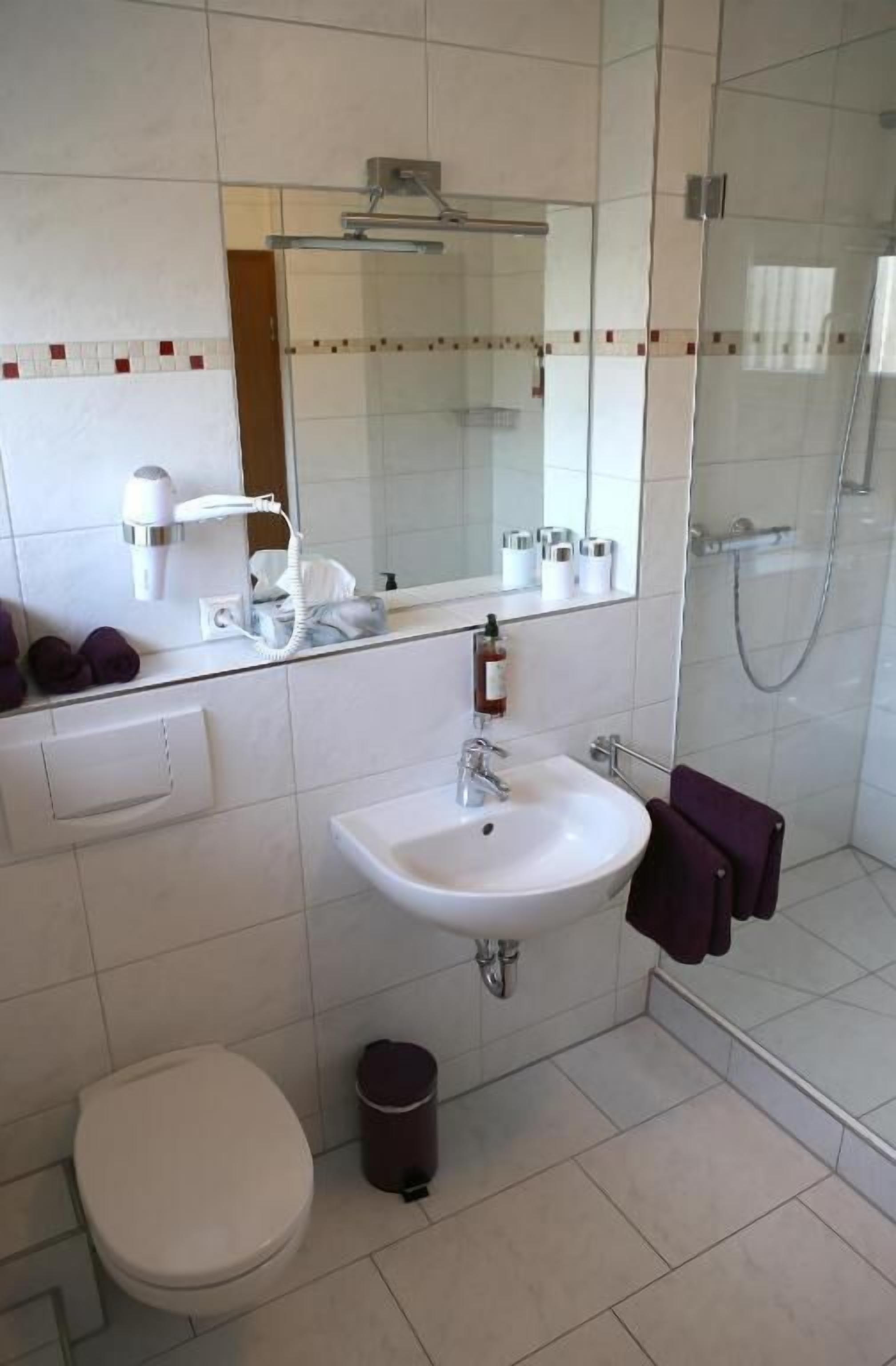 shower, free toiletries, hair dryer, towels