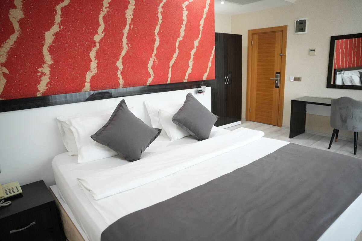 Una habitación de hotel con cama, escritorio, silla, teléfono y puerta.