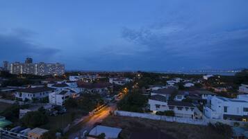 Un quartier résidentiel avec des maisons, une route et une vue lointaine sur une étendue d’eau.
