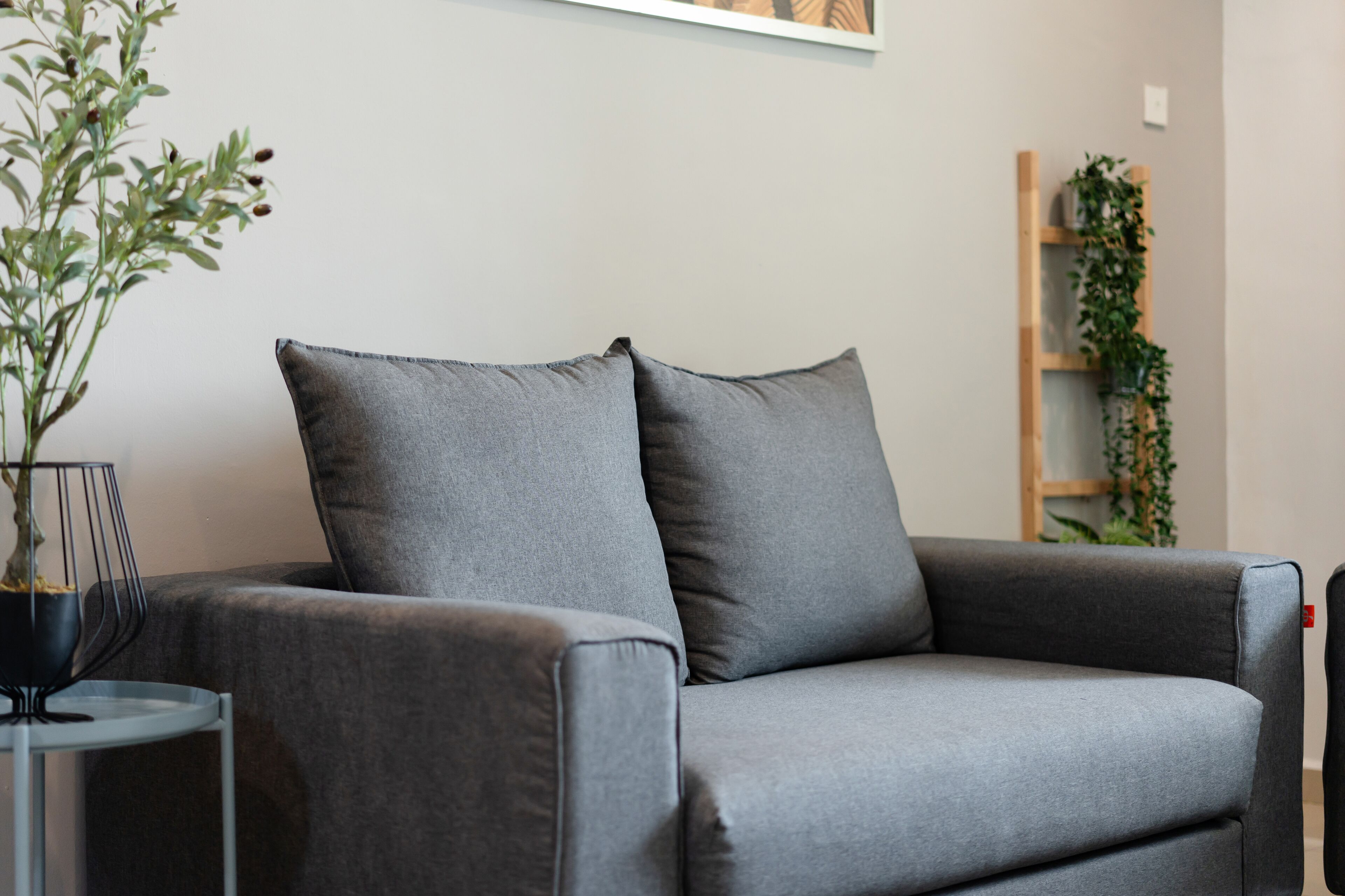 A grey sofa with two cushions in a modern living room.