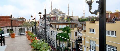 A rooftop terrace with potted plants, a railing, and a view of buildings with a mosque in the background.