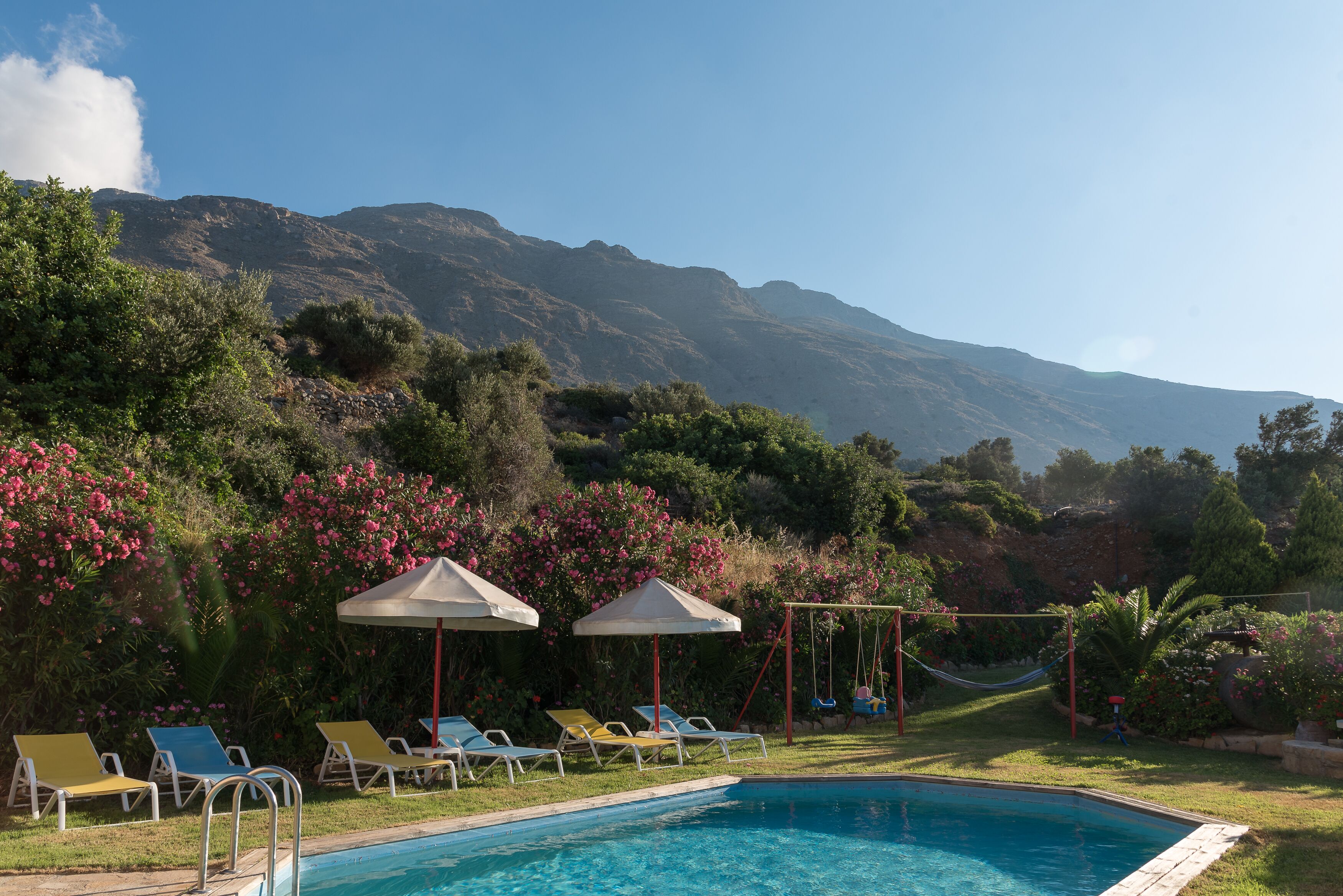 A pool area with lounge chairs and umbrellas, surrounded by lush greenery and a mountain backdrop.