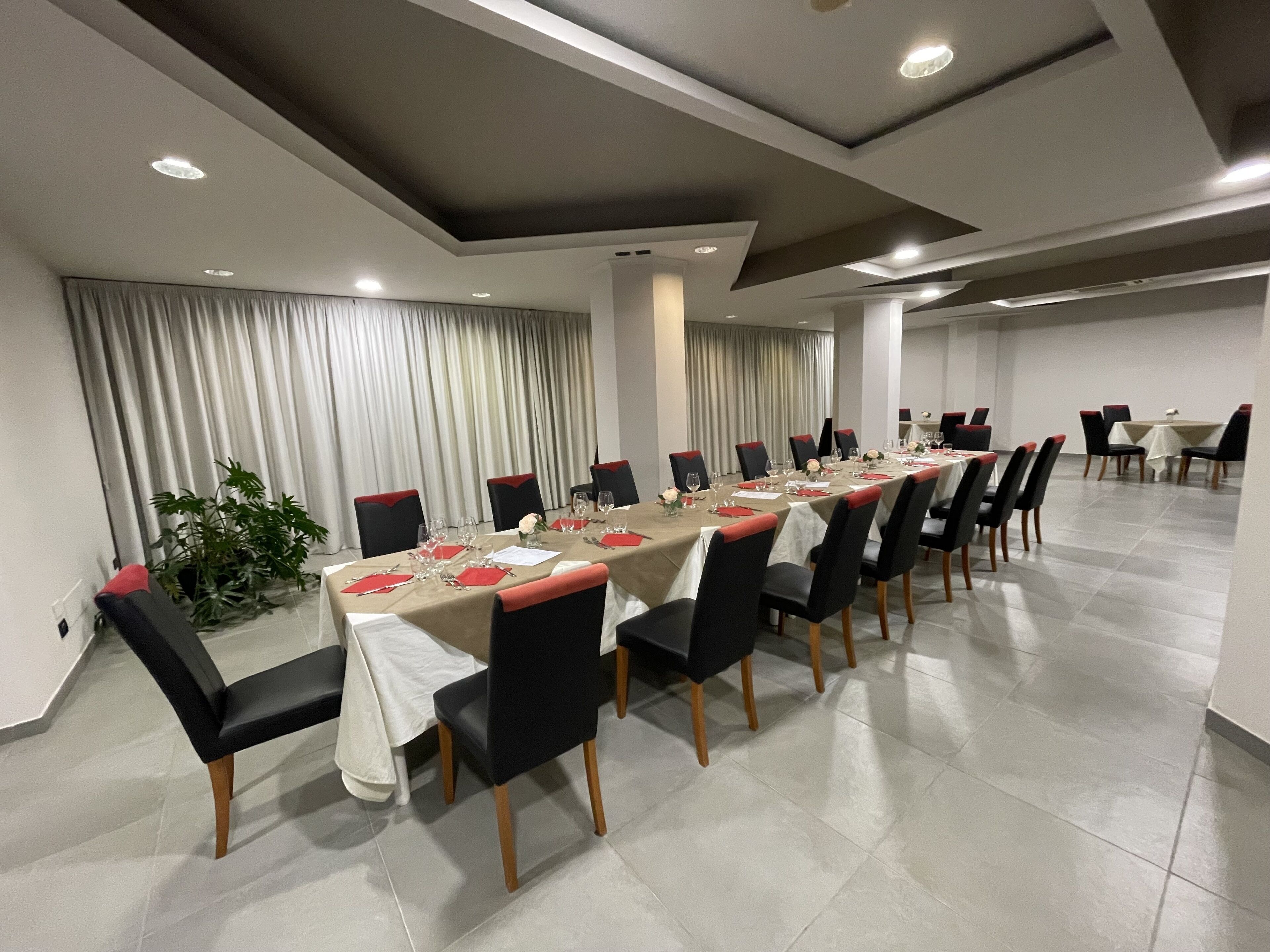 A conference room with a long table set for a meeting, surrounded by chairs, and a potted plant.