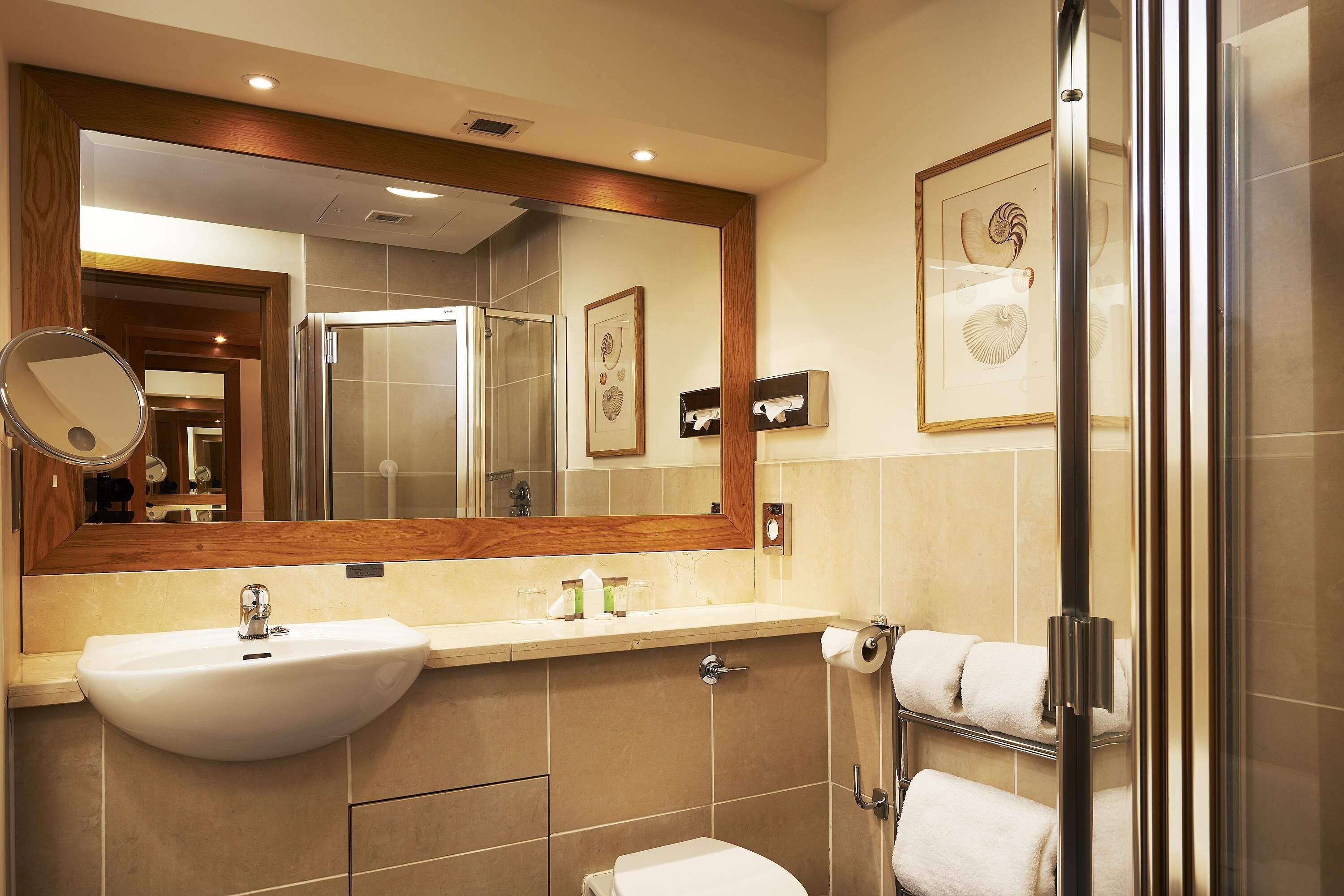 A modern bathroom with a sink, mirror, and shower.
