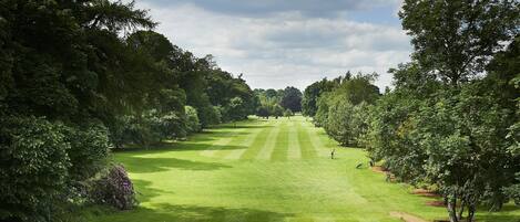 A golf course with a well-maintained green, trees, and a clear sky.