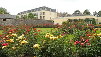 Un jardín con diversas rosas en plena floración, un muro de piedra y un edificio con múltiples ventanas y balcones.