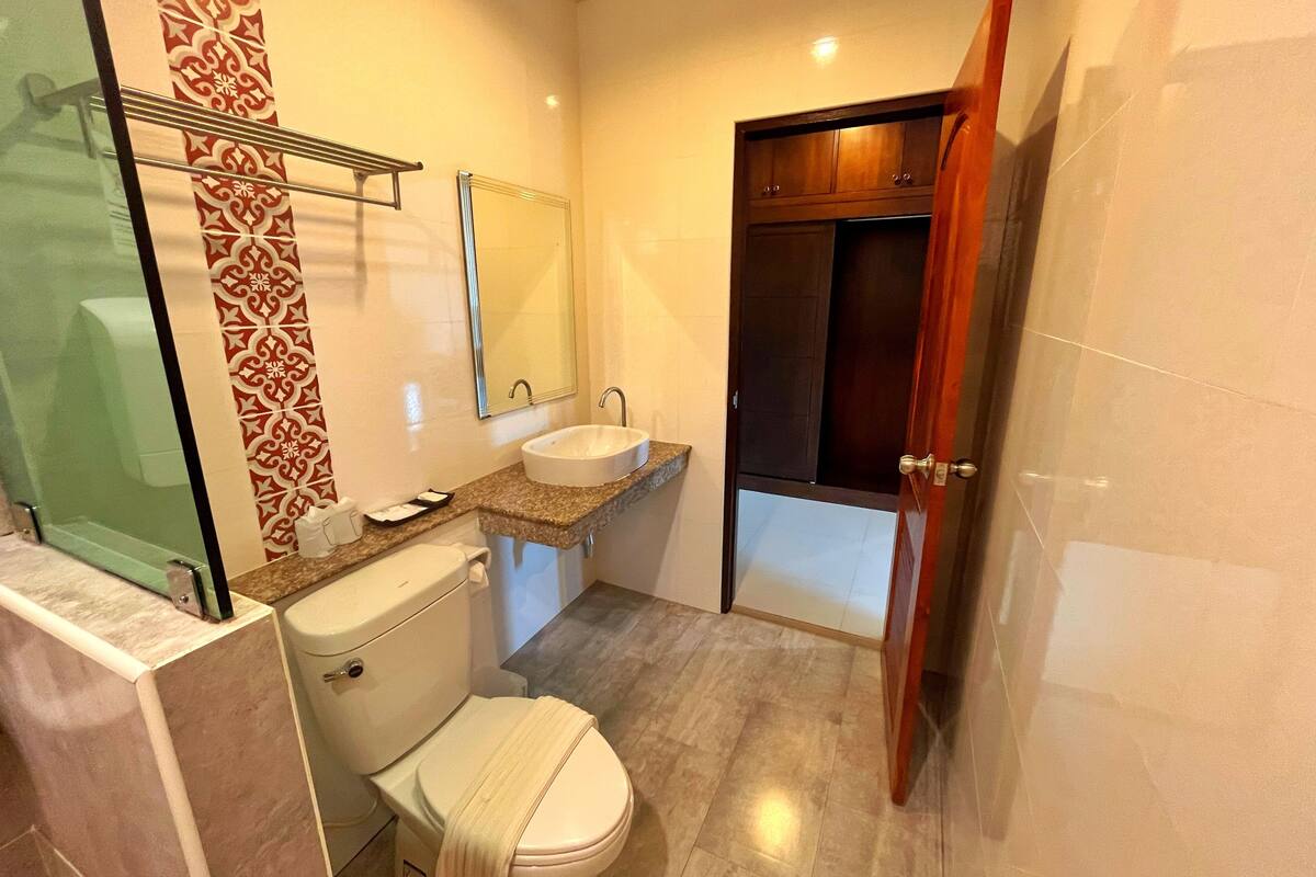 shower, free toiletries, hair dryer, towels