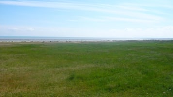 Een uitgestrekt, open grasveld met in de verte een vlak landschap en een heldere lucht.