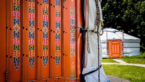 Una serie di porte in legno finemente decorate con un motivo tradizionale, una tenda bianca legata con una corda e una yurta sullo sfondo.