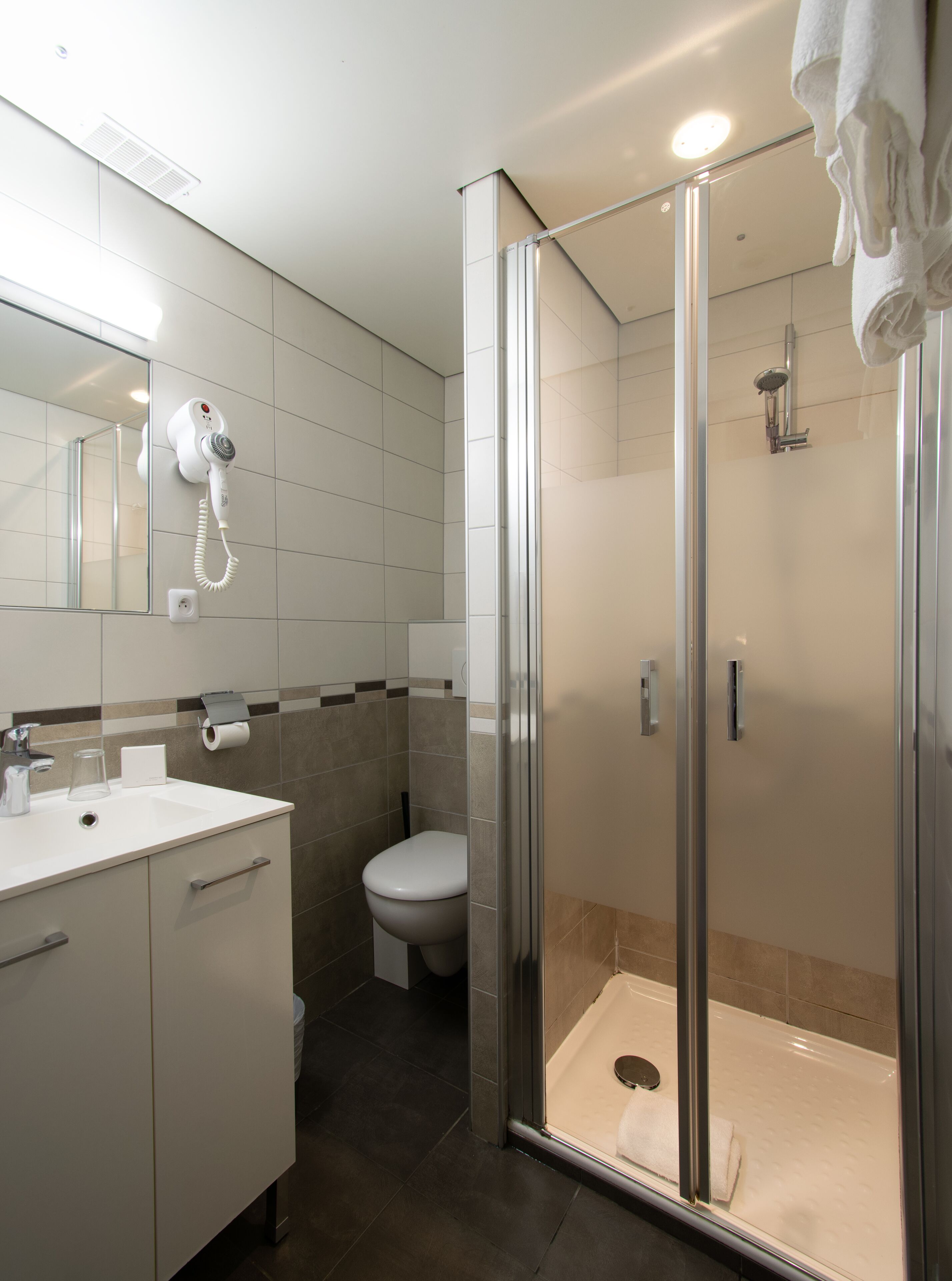 A modern bathroom with a glass-enclosed shower, a white sink, and a toilet.