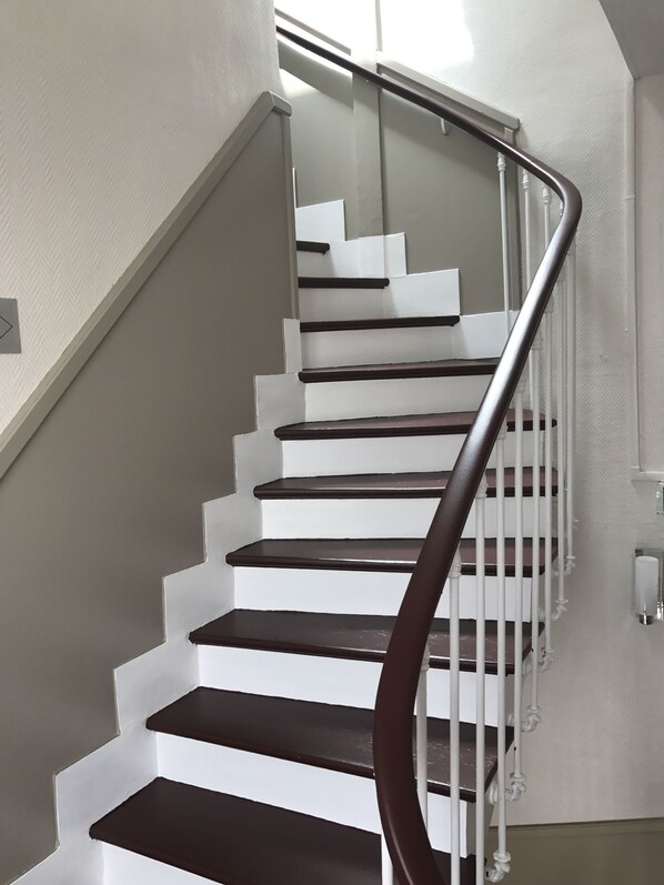 A staircase with white steps and a dark handrail.