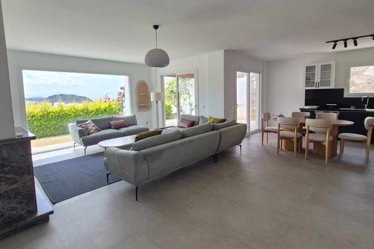 Un salon spacieux avec un canapé gris, un coin repas avec des chaises en bois et une cuisine équipée d’un téléviseur.