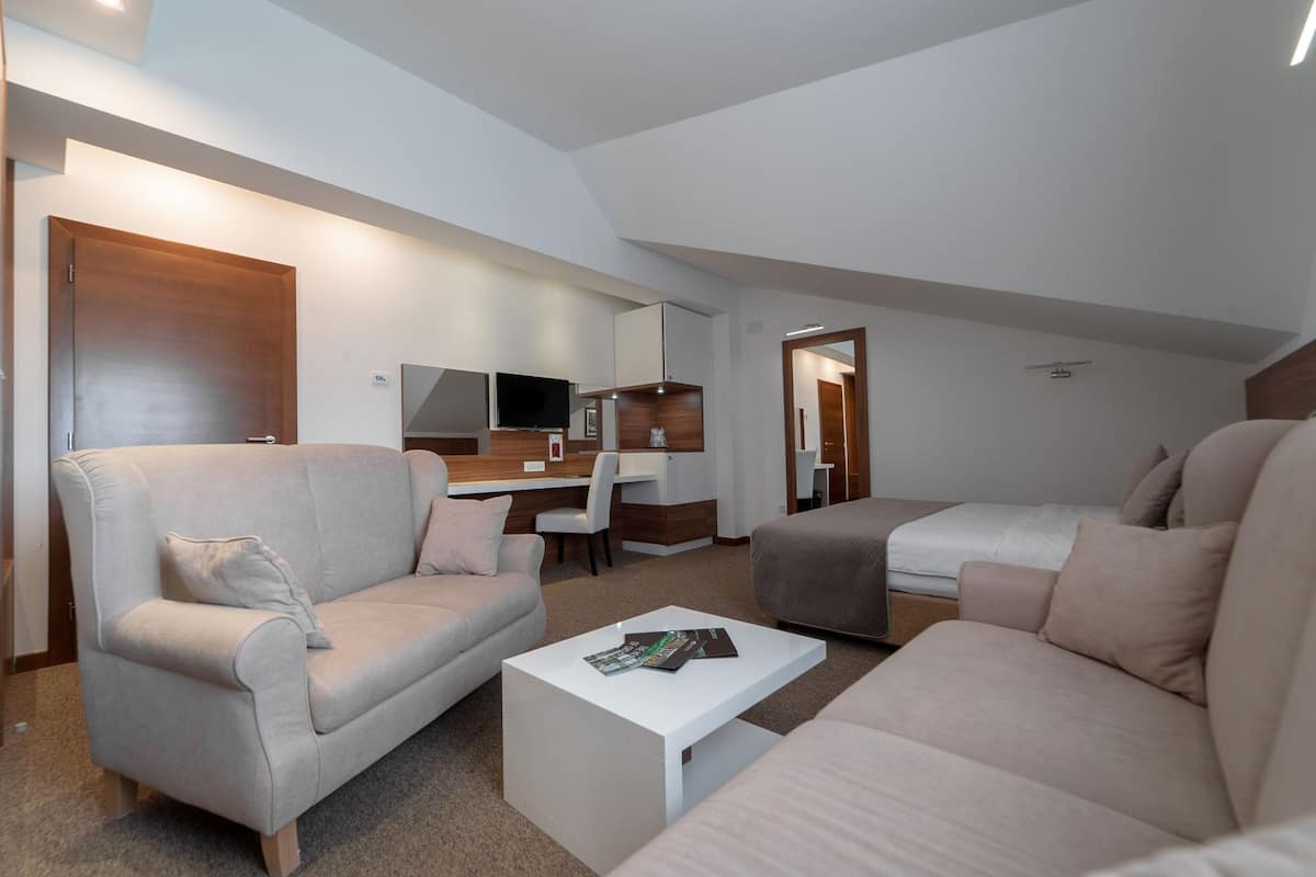 A modern hotel room with a sofa, a small desk, a TV, and a bed.