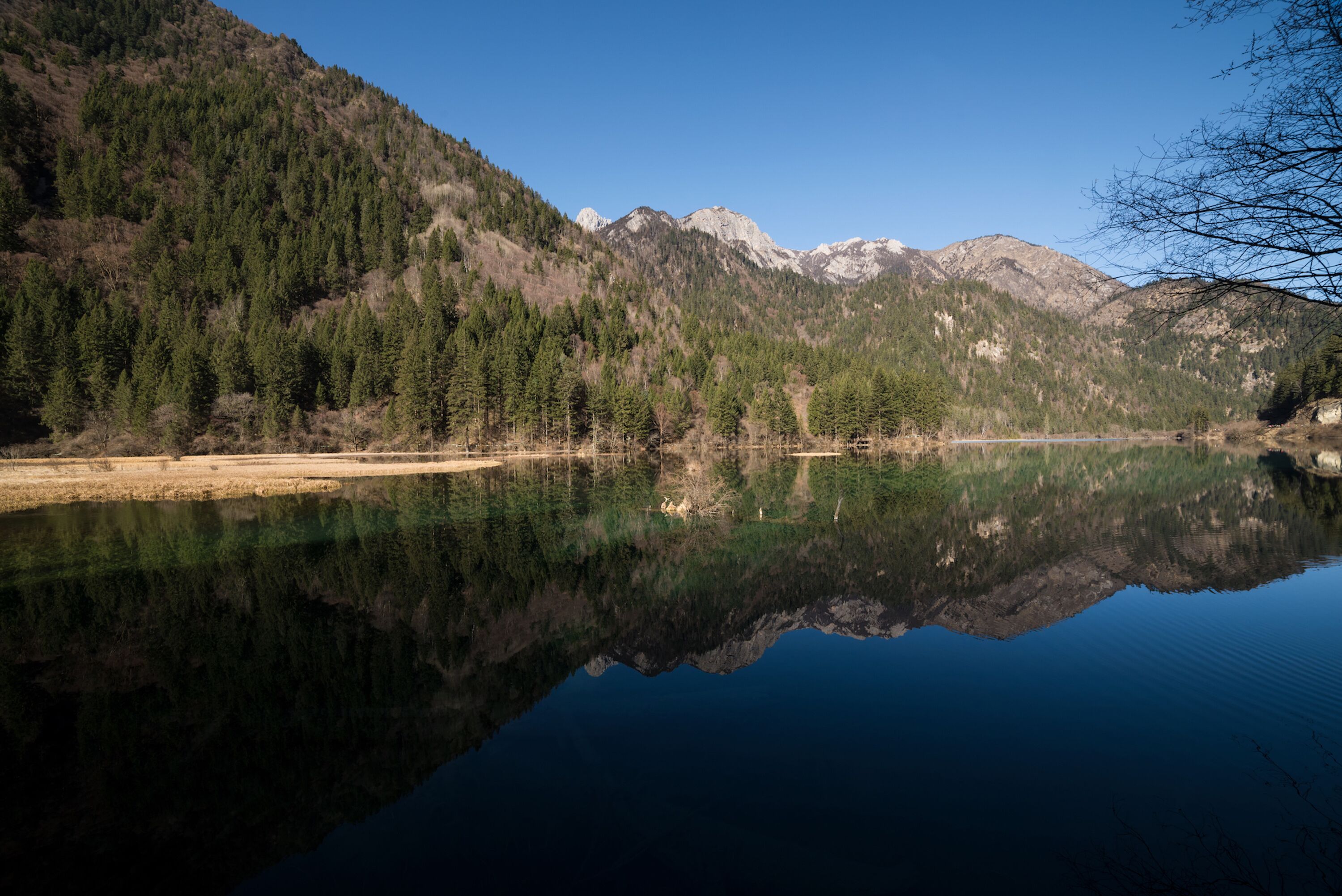 A calm lake reflecting a mountainous landscape with dense forests and clear skies.