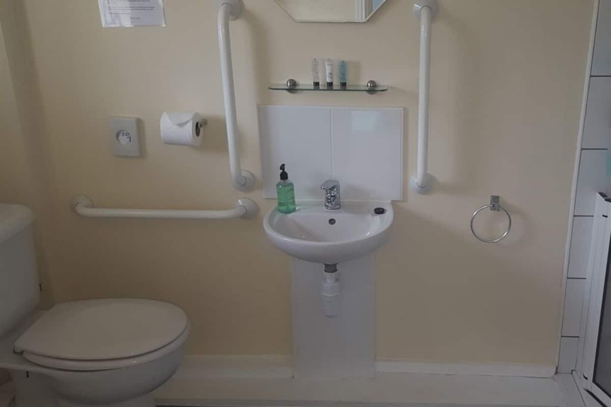 Une salle de bain équipée de toilettes, d’un lavabo et de barres d’appui.